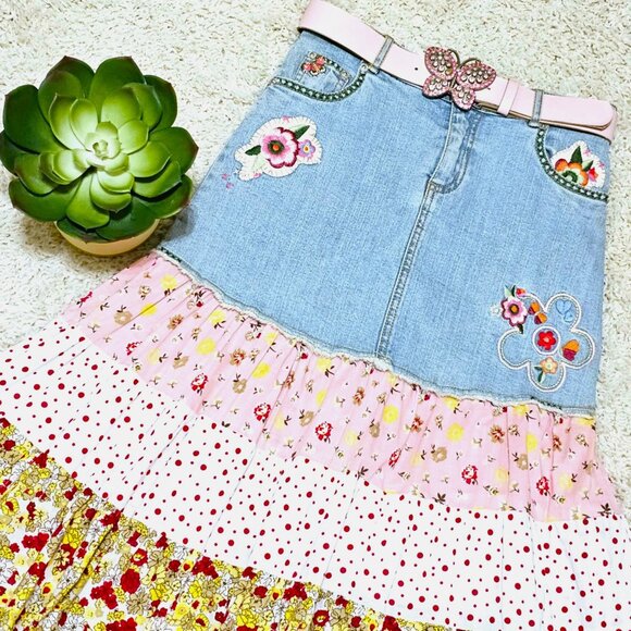 Skirt. Denim Pink Yellow Multi Tiered Floral Pattern. Upcycled Girls Size 10 GUC - Picture 2 of 16